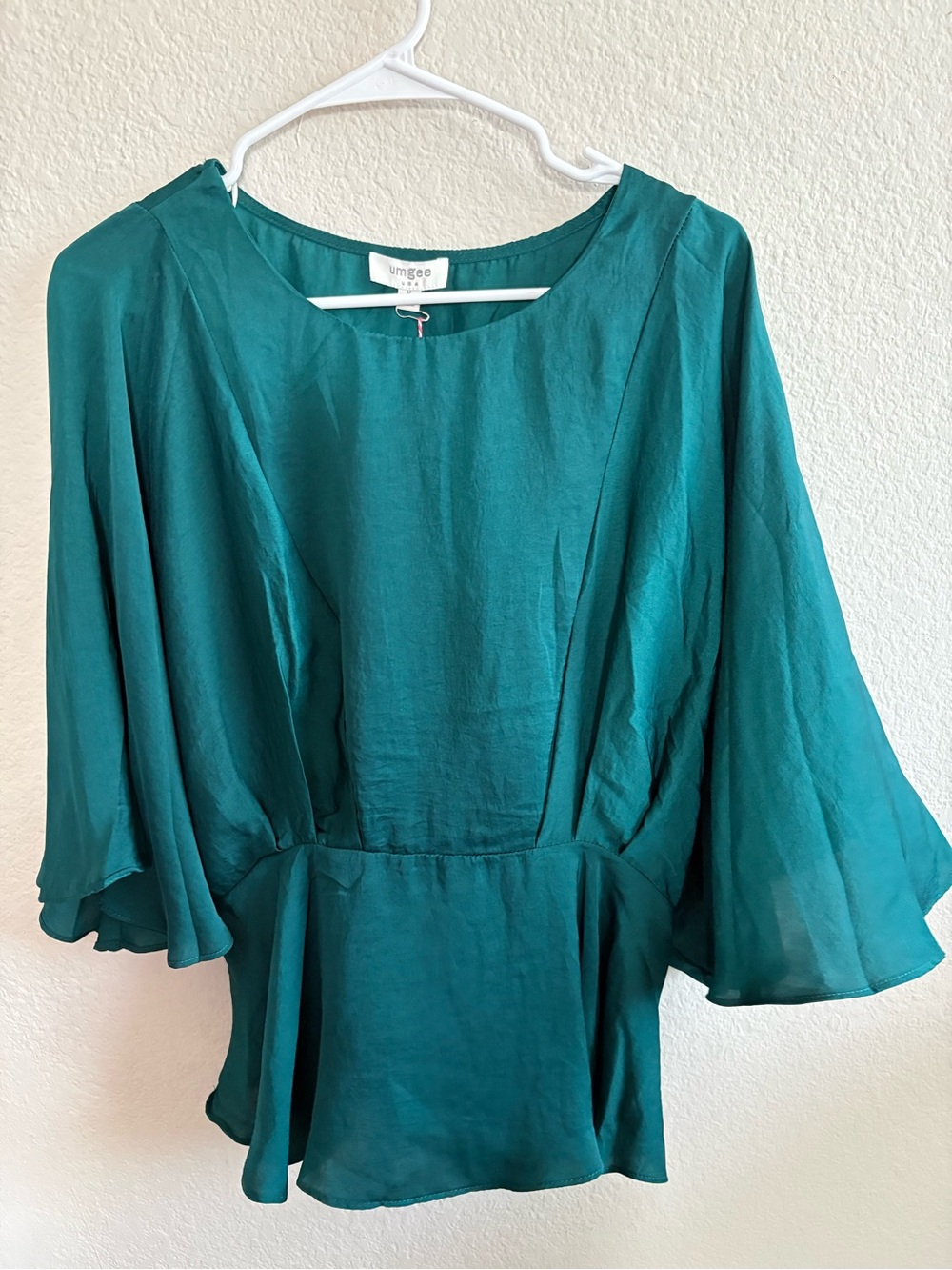 Umgee Teal Satin Peplum Flutter Sleeve Top